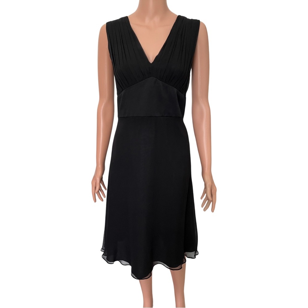 WHBM   fit and flare black silk dress.